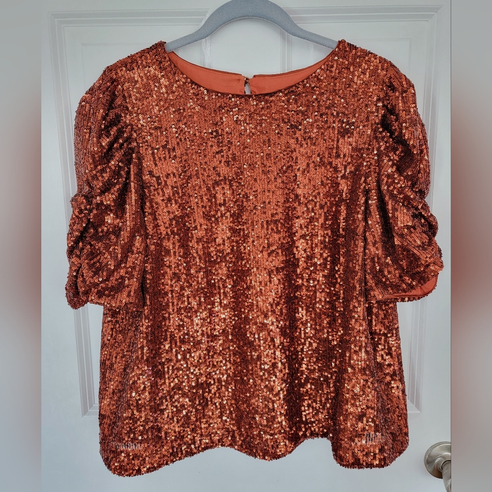 Anthropologie Copper Orange Sequin Top sz 12 with ruched sleeves